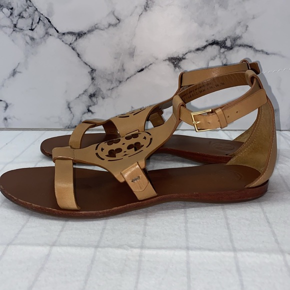TORY BURCH Claire Capri Logo THONG Wedge LEATHER Sandals 7 Tan Fabulous Brown - Picture 4 of 12